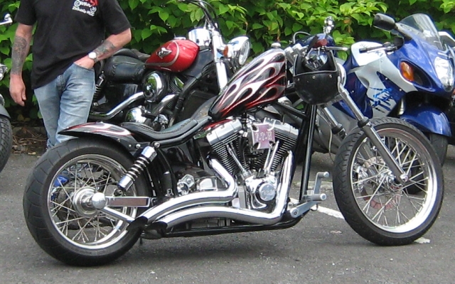a harley davidson custom with forward pegs 